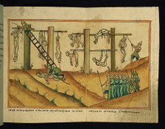 Fathers of the Solovetsky Monastery and their sufferings, Multiple monks hung from scaffold, Walters Manuscript W.916, fol. 72r