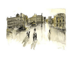 croquis aquarellé: Montpellier - France - tôt le matin
