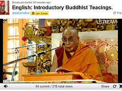 His Holiness the Great 14th Dalai Lama, teaching live over the Internet Introductory Buddhist Teachings, USTREAM, Tibetan Buddhist monk, ornate symbolic throne, Tibetan Temple, Dharamsala, India